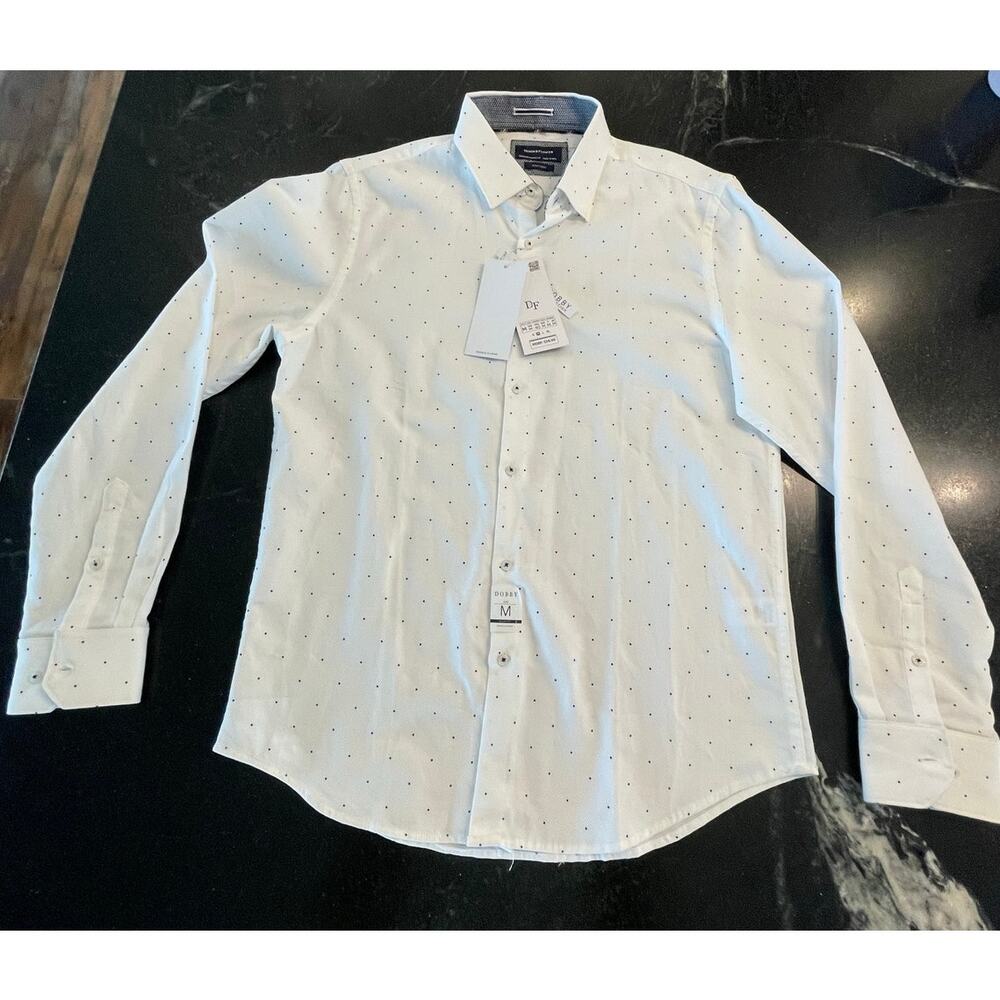 Denim & Flower NWT  Dobby Slim fit white/navy M 100%Cotton